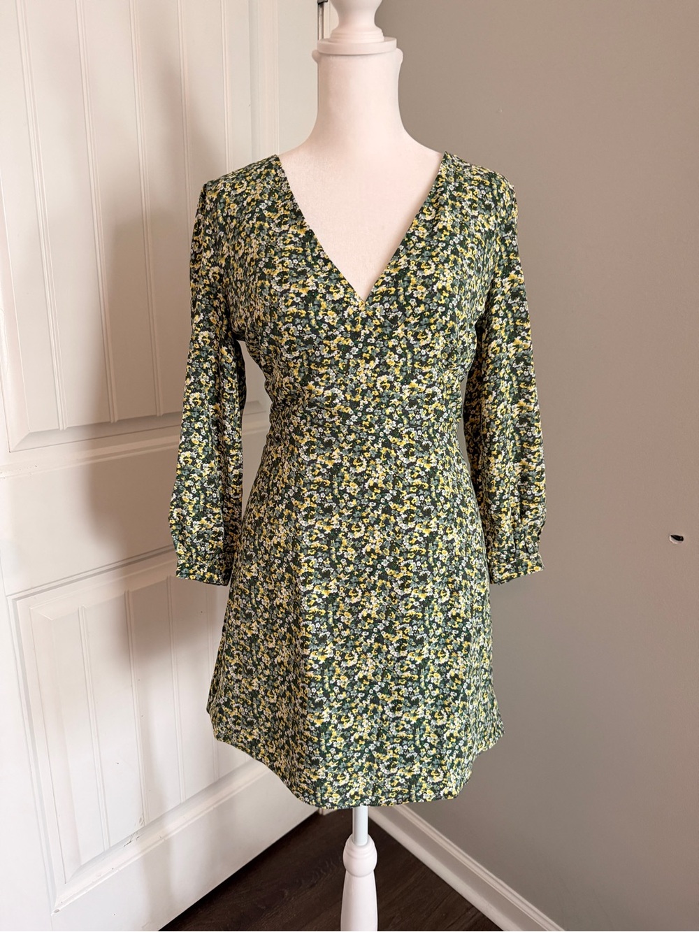 Commense Olive Green Floral Wrap-Style Mini Dress